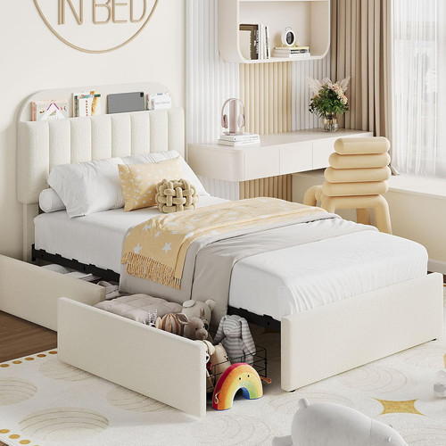 Beige twin bed frame - twin, with