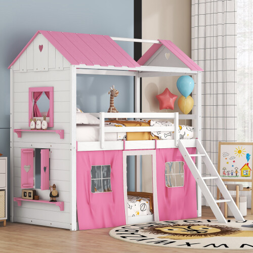 Wood house bunk bed tent - bunk, w/tent